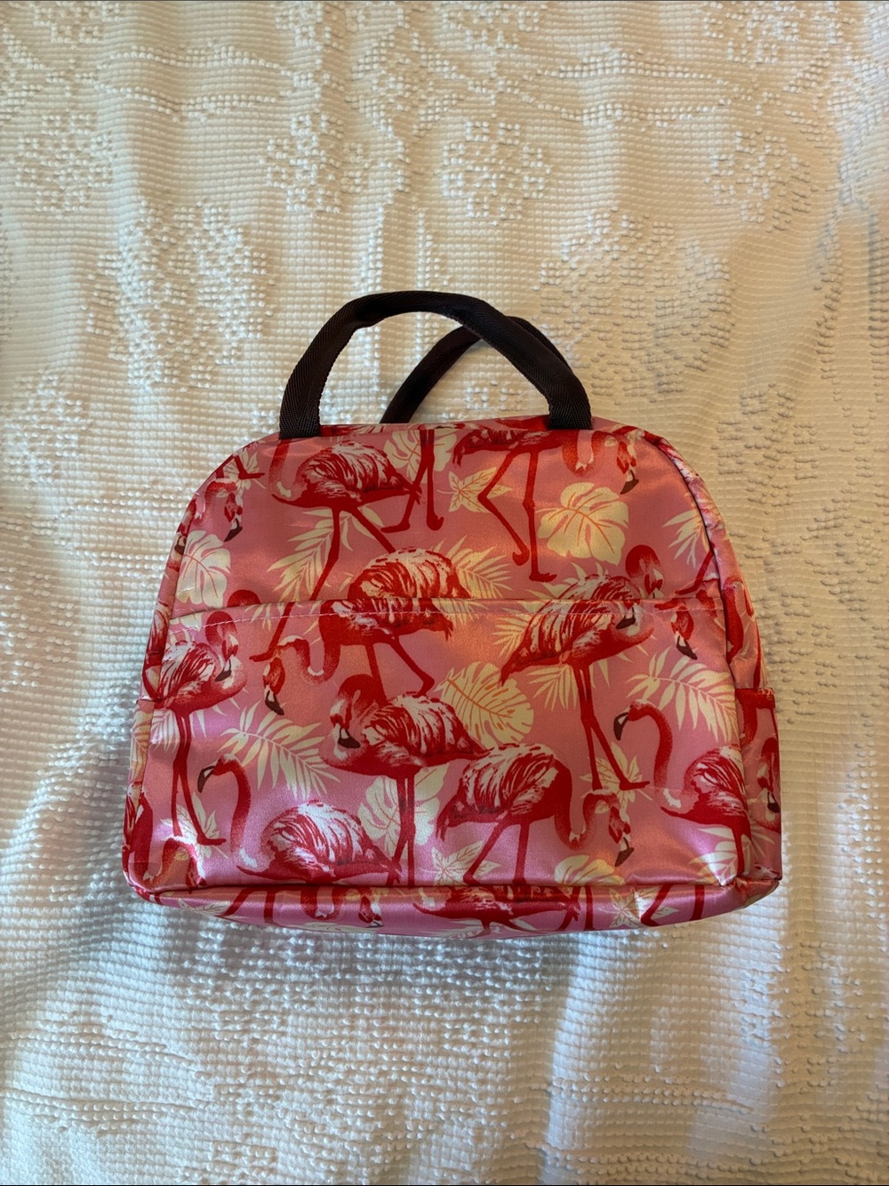 Pink Flamingo Print Cosmetic Case, Lunch Bag with Top Handles